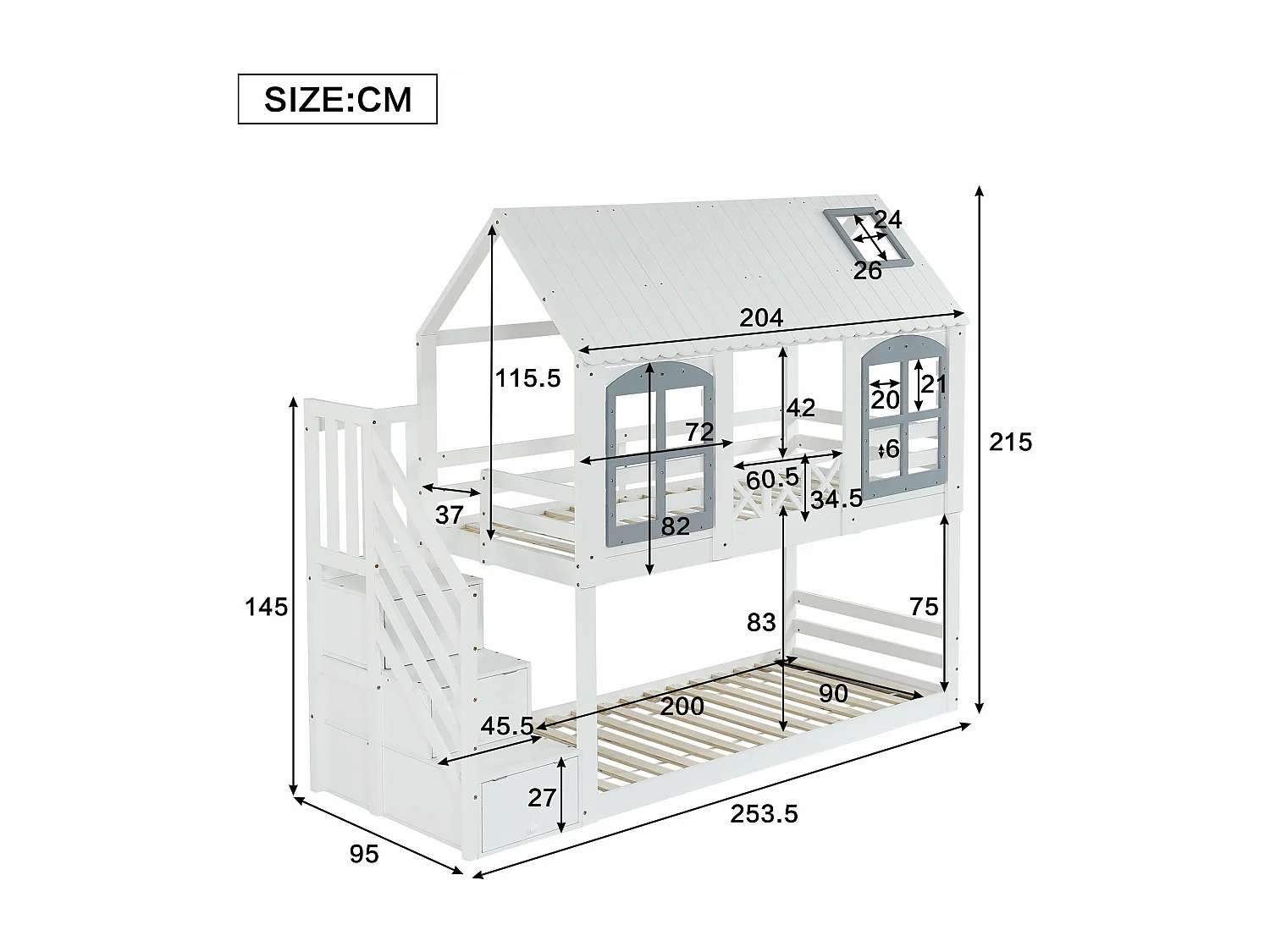 Beliche 90x200cm, cama infantil com grade de segurança e 3 compartimentos de arrumação na escada, Pinho + MDF, branco + cinza, Sem colchão