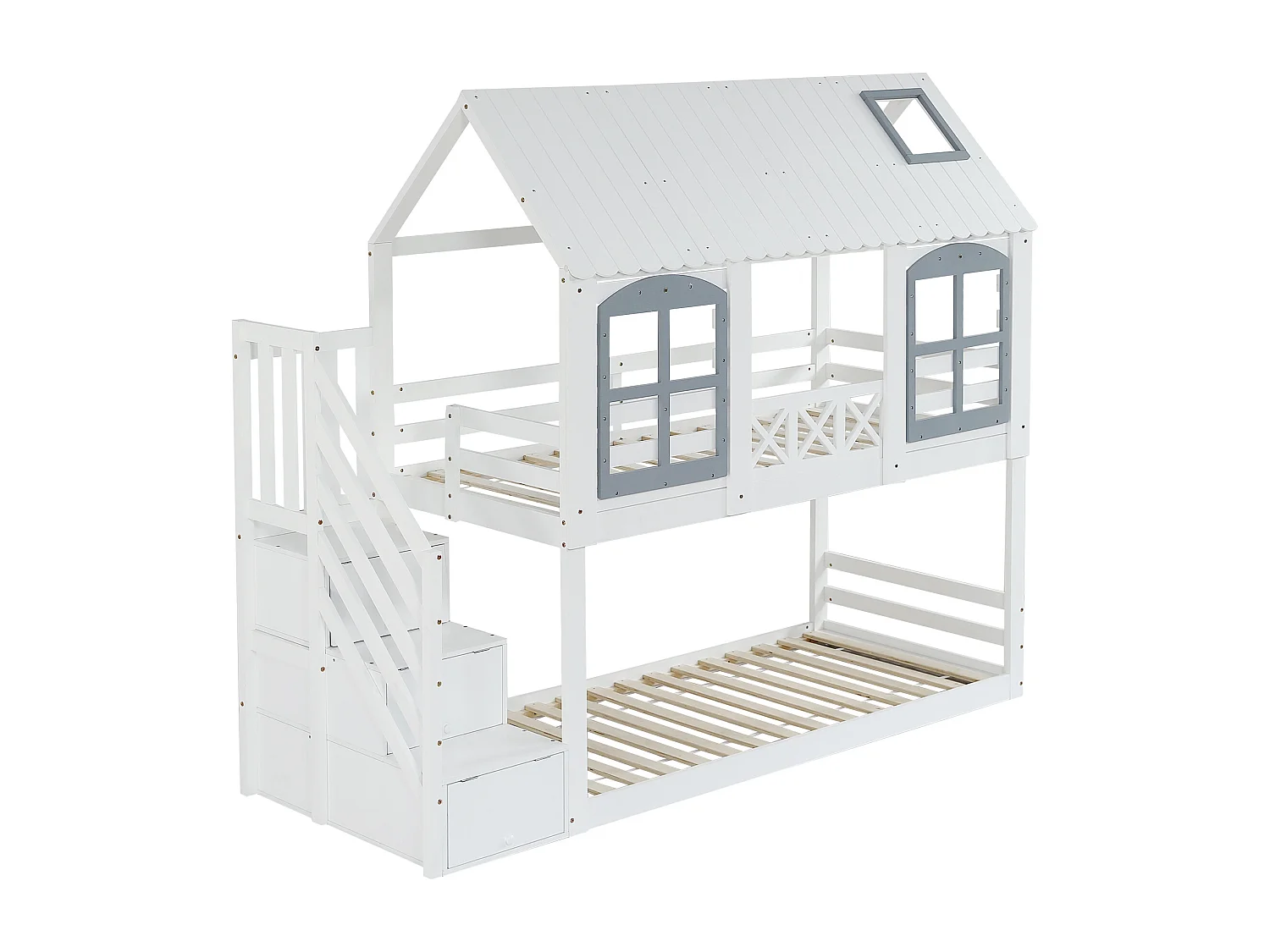 Beliche 90x200cm, cama infantil com grade de segurança e 3 compartimentos de arrumação na escada, Pinho + MDF, branco + cinza, Sem colchão