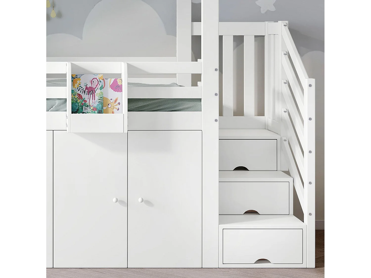 Beliche, cama de criança, 90x200cm, com grade de segurança e guarda-roupa, Pinho+MDF+Compensado, Branco+Verde, Sem colchão