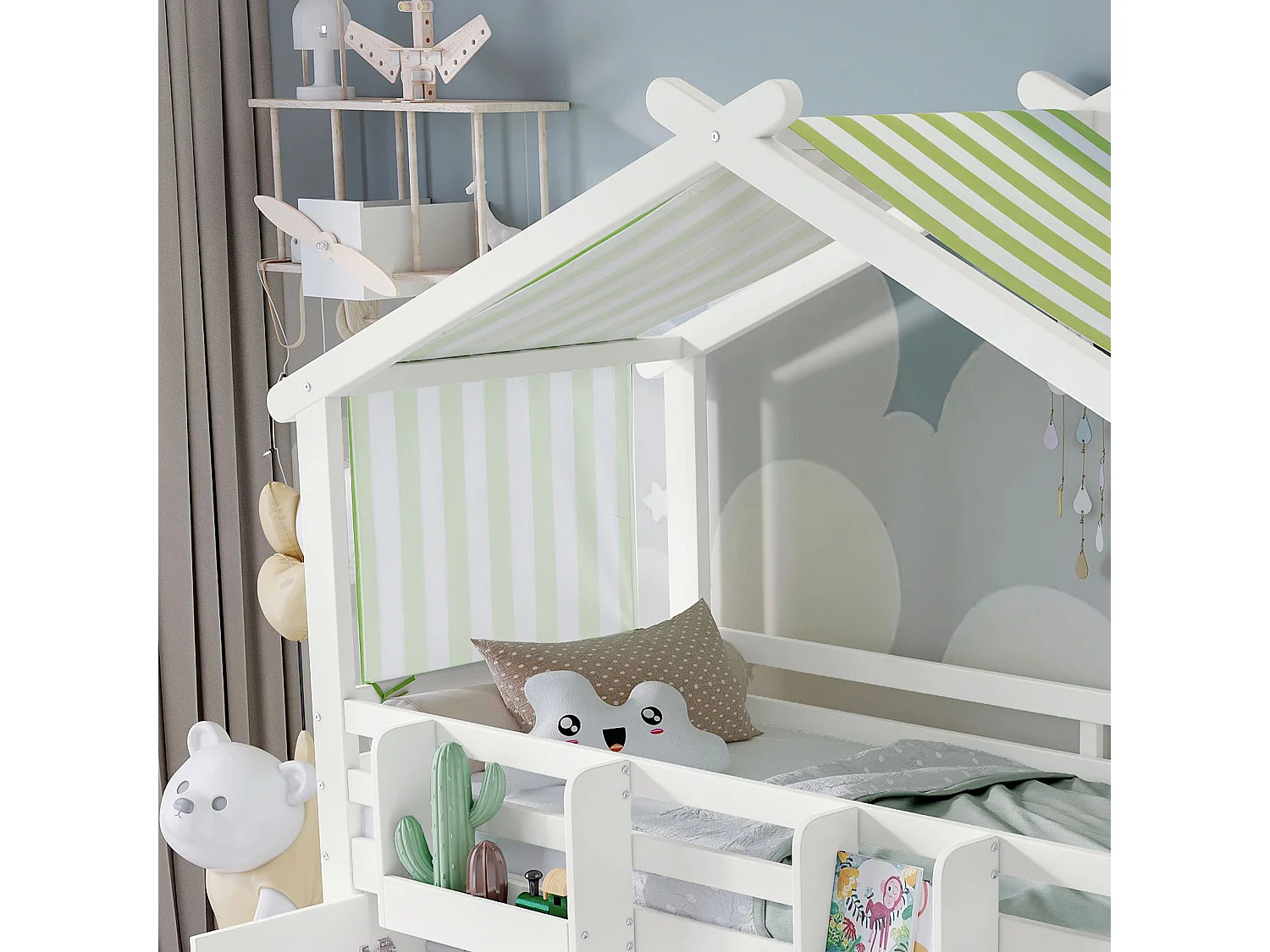 Beliche, cama de criança, 90x200cm, com grade de segurança e guarda-roupa, Pinho+MDF+Compensado, Branco+Verde, Sem colchão