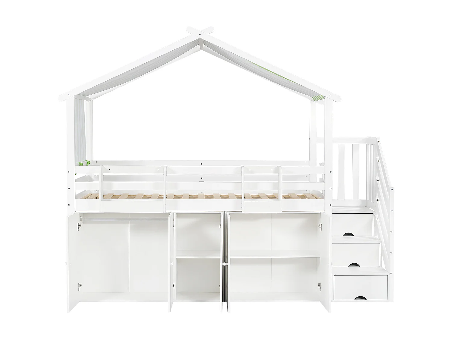 Beliche, cama de criança, 90x200cm, com grade de segurança e guarda-roupa, Pinho+MDF+Compensado, Branco+Verde, Sem colchão