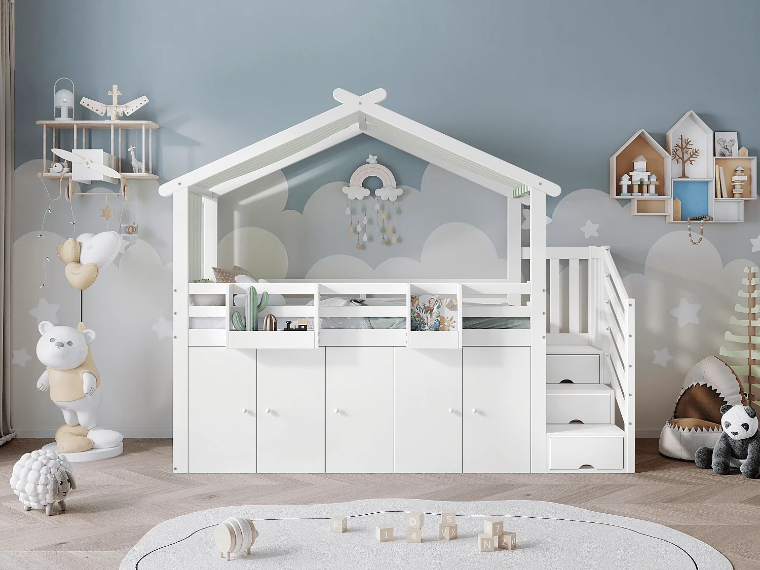 Litera infantil de 90x200 cm con barandilla y armario, Pino+MDF+Contrachapado, Blanco+Verde, Sin colchón