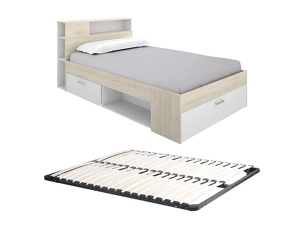 Bett mit Kopfteil, Stauraum & Schubladen + Lattenrost - 120 x 190 cm - Holzfarben & Weiß - LEANDRE