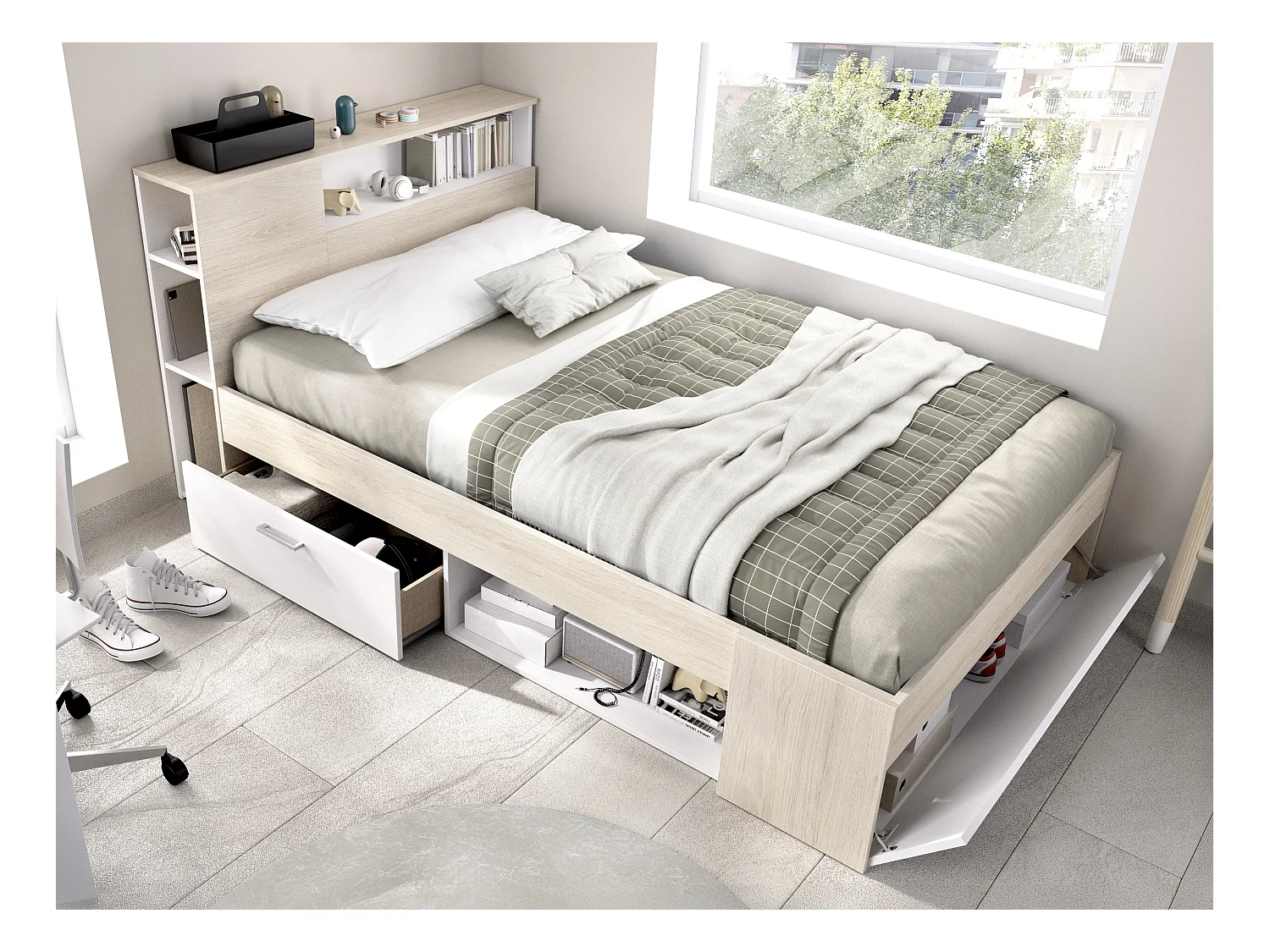 Seng med sengegavl med opbevaring og skuffeplads - 120 x 190cm - Farve: Naturlig og hvid + sengeramme - LEANDRE