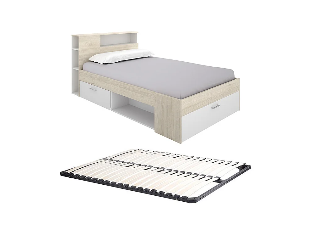 Seng med sengegavl med opbevaring og skuffeplads - 120 x 190cm - Farve: Naturlig og hvid + sengeramme - LEANDRE