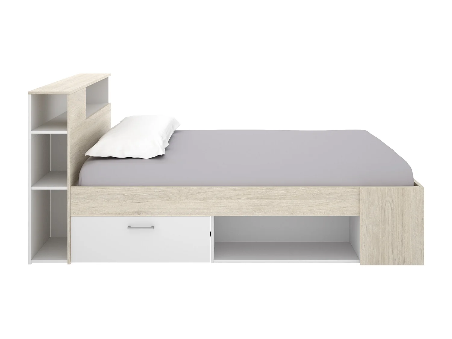 Lit avec tête de lit rangements et tiroir - 180 x 200 cm - Coloris : Naturel et blanc + Sommier - LEANDRE