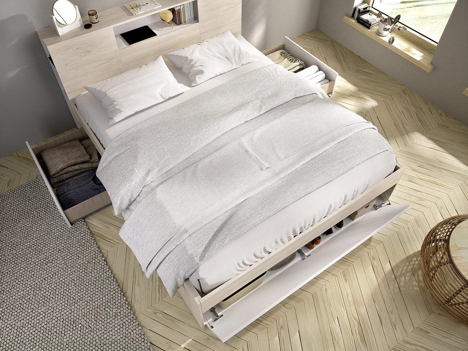 Lit avec tête de lit rangements et tiroir - 180 x 200 cm - Coloris : Naturel et blanc + Sommier - LEANDRE