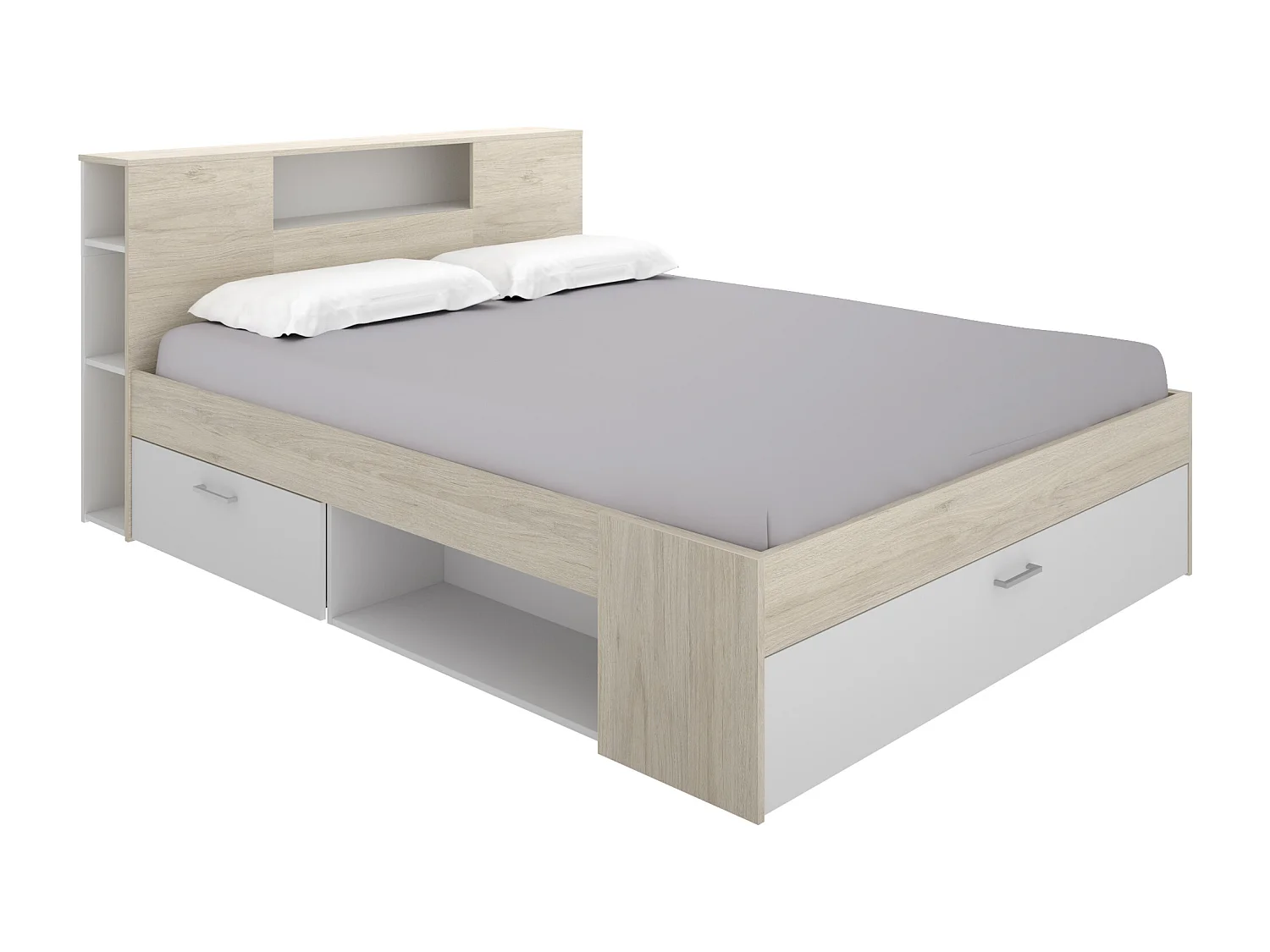 Lit avec tête de lit rangements et tiroir - 180 x 200 cm - Coloris : Naturel et blanc + Sommier - LEANDRE