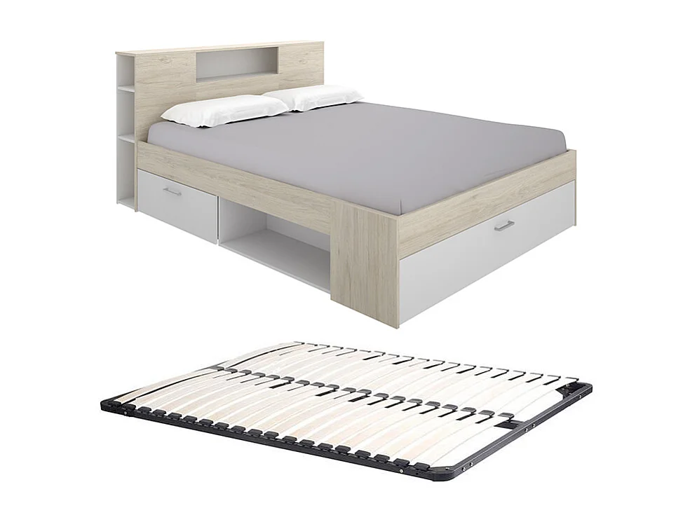 Lit avec tête de lit rangements et tiroir - 180 x 200 cm - Coloris : Naturel et blanc + Sommier - LEANDRE