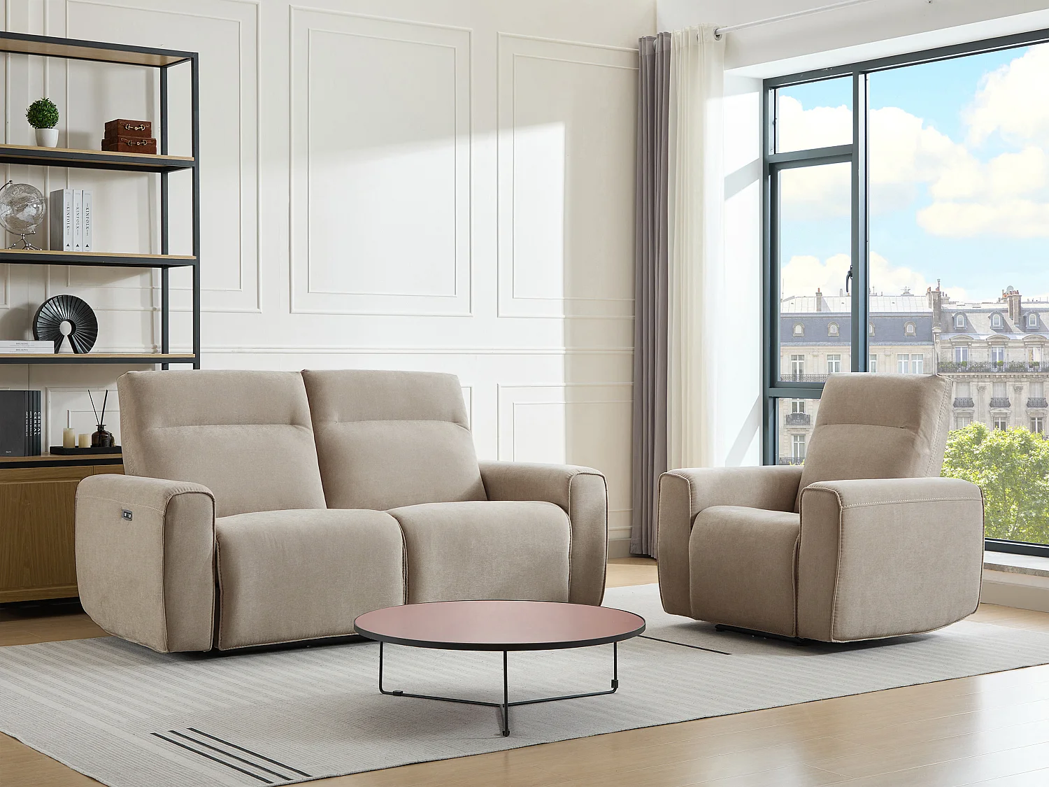 Canapé 3 places et fauteuil relax électrique en tissu beige LORGITA