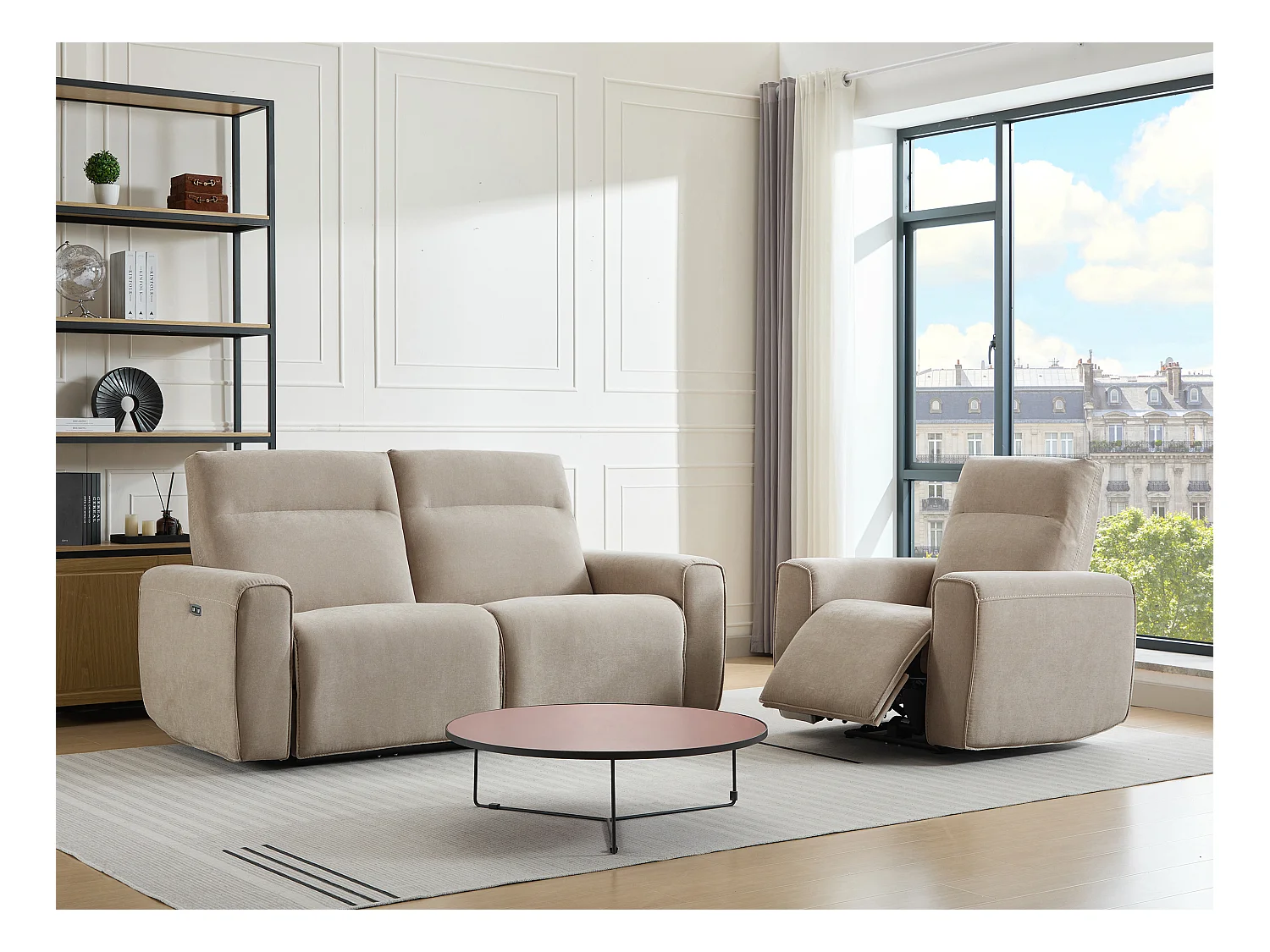 Canapé 3 places et fauteuil relax électrique en tissu beige LORGITA