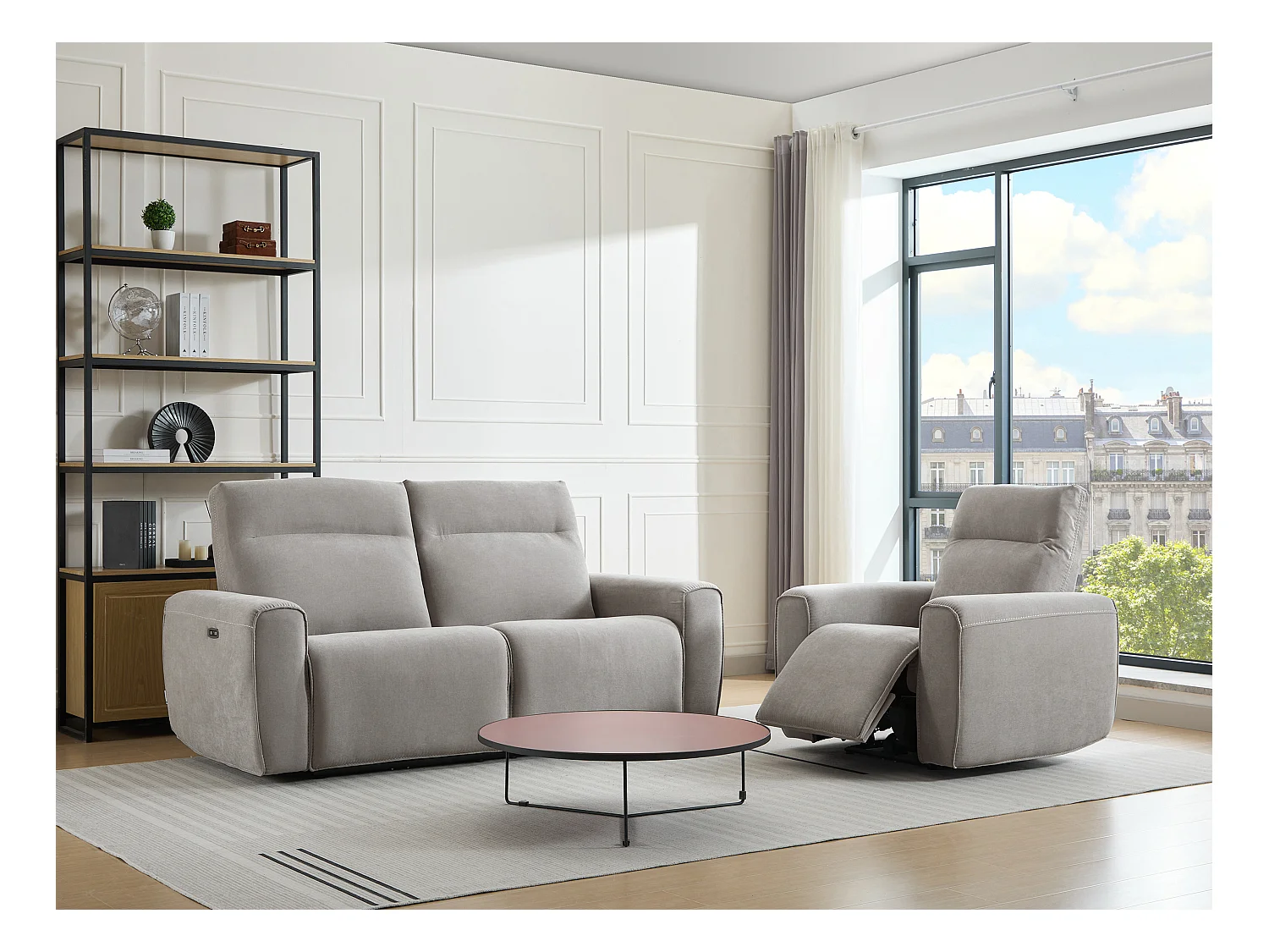 Canapé 3 places et fauteuil relax électrique en tissu gris LORGITA
