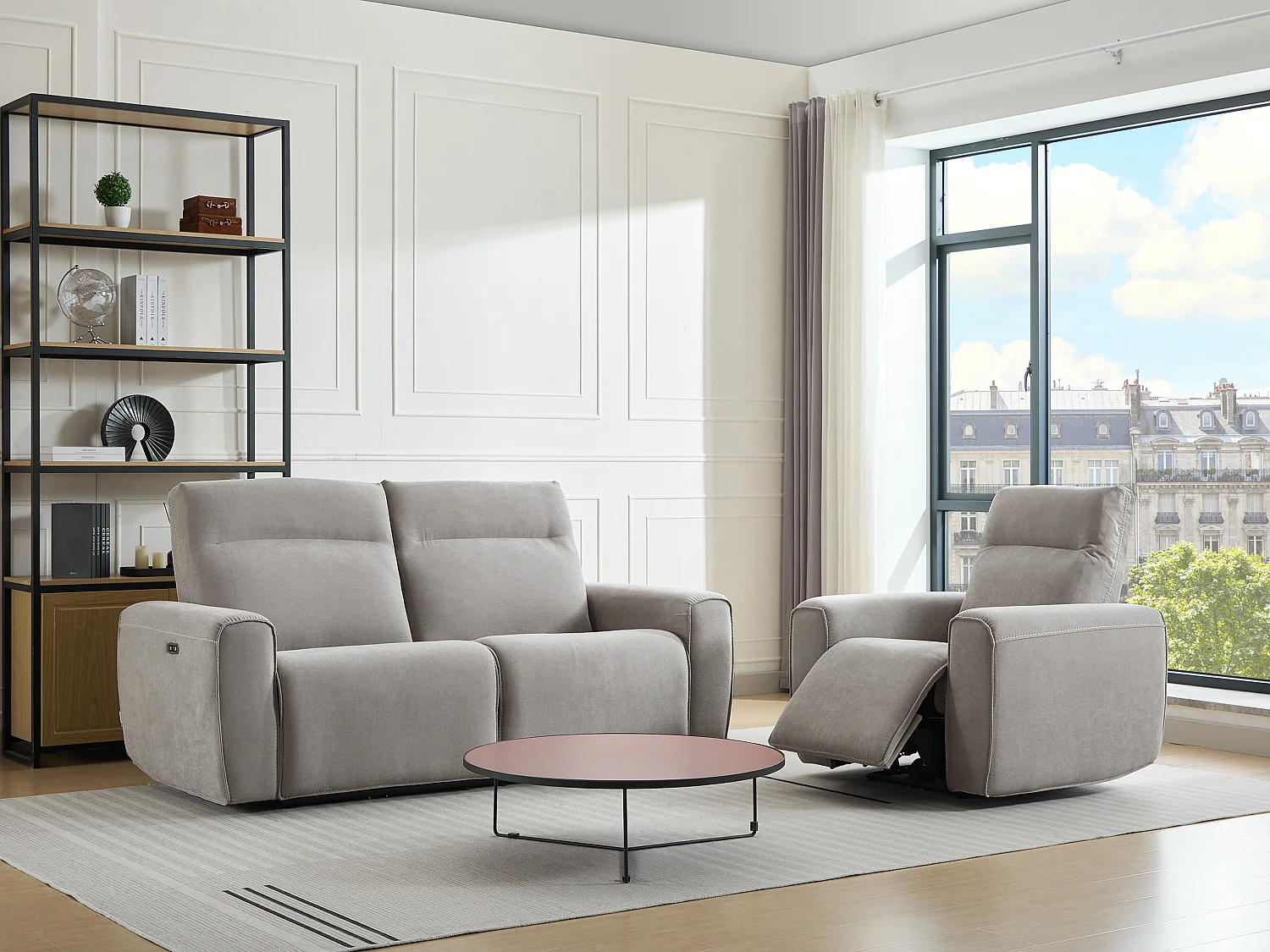 Canapé 3 places et fauteuil relax électrique en tissu gris LORGITA