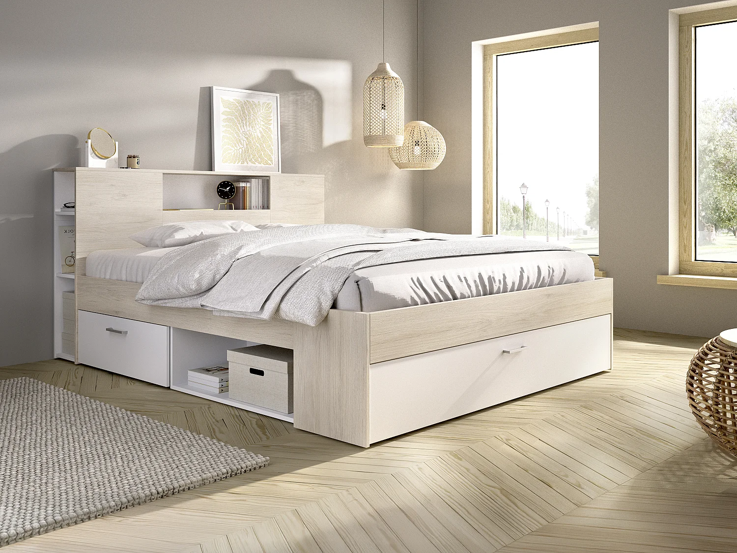 Lit avec tête de lit rangements et tiroir - 180 x 200 cm - Coloris : Naturel et blanc + Sommier + Matelas - LEANDRE