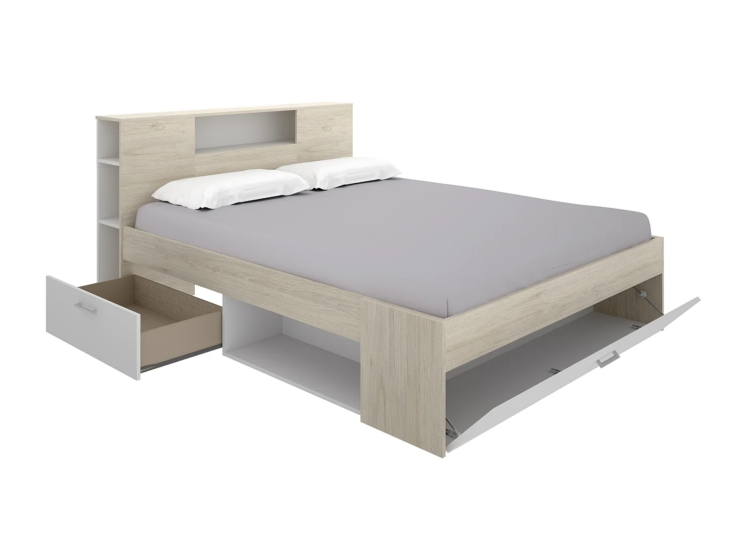 Lit avec tête de lit rangements et tiroir - 180 x 200 cm - Coloris : Naturel et blanc + Sommier + Matelas - LEANDRE