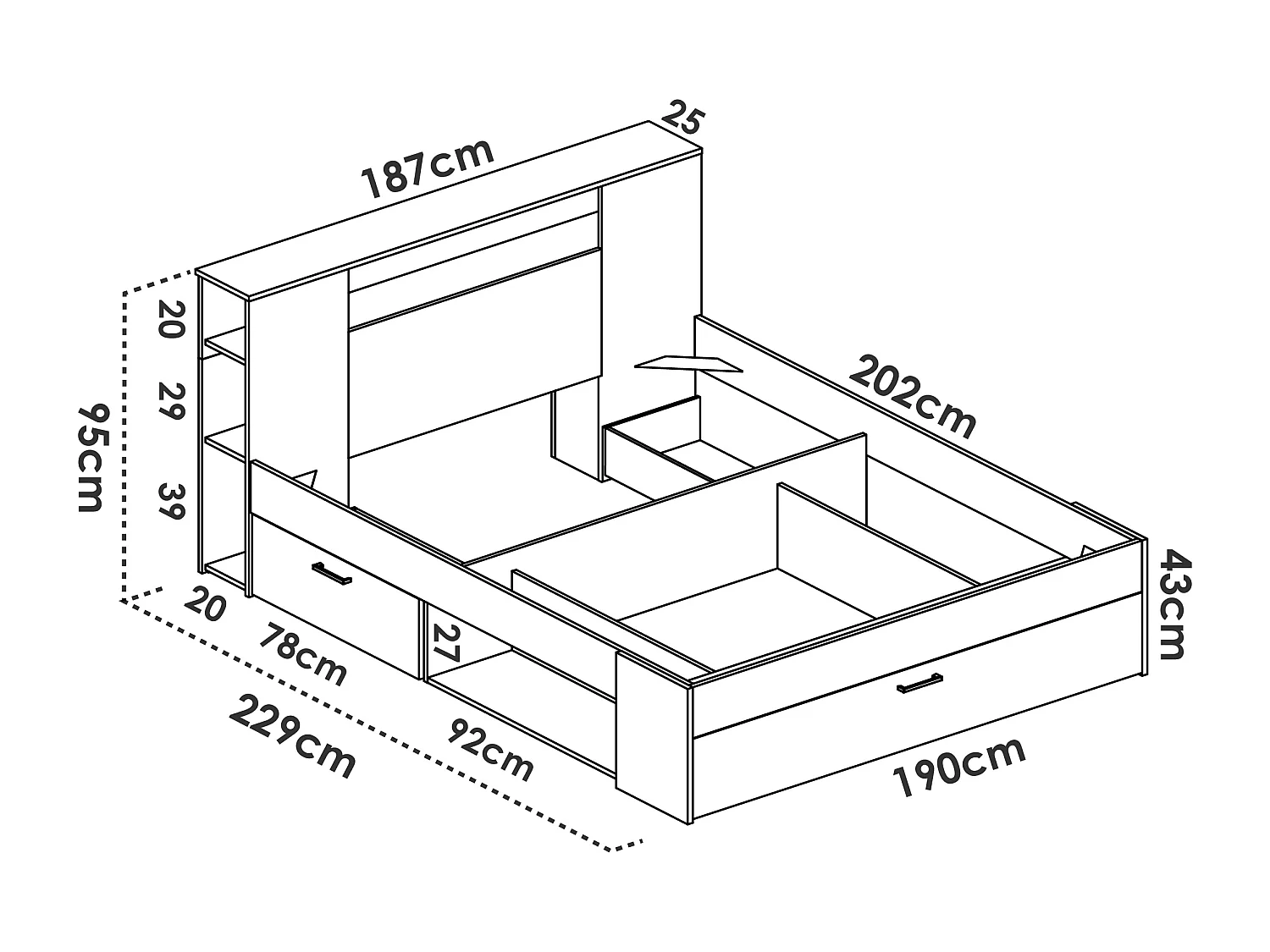 Lit avec tête de lit rangements et tiroir - 180 x 200 cm - Coloris : Naturel et blanc + Sommier + Matelas - LEANDRE