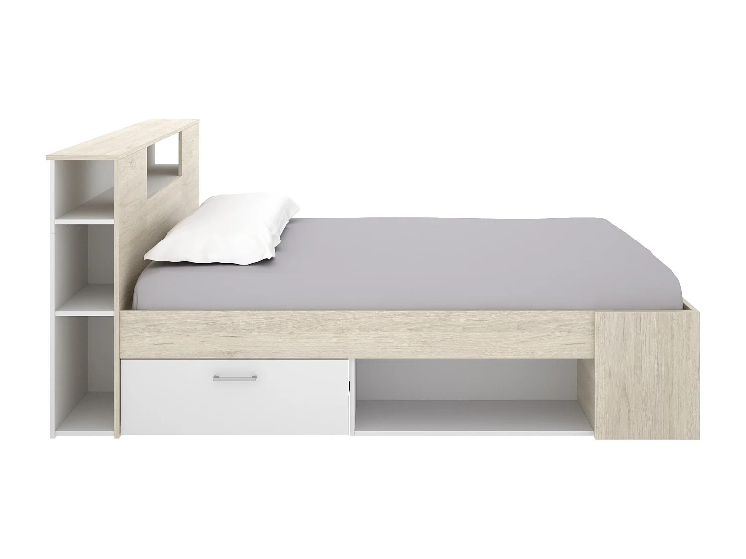Lit avec tête de lit rangements et tiroir - 180 x 200 cm - Coloris : Naturel et blanc + Sommier + Matelas - LEANDRE