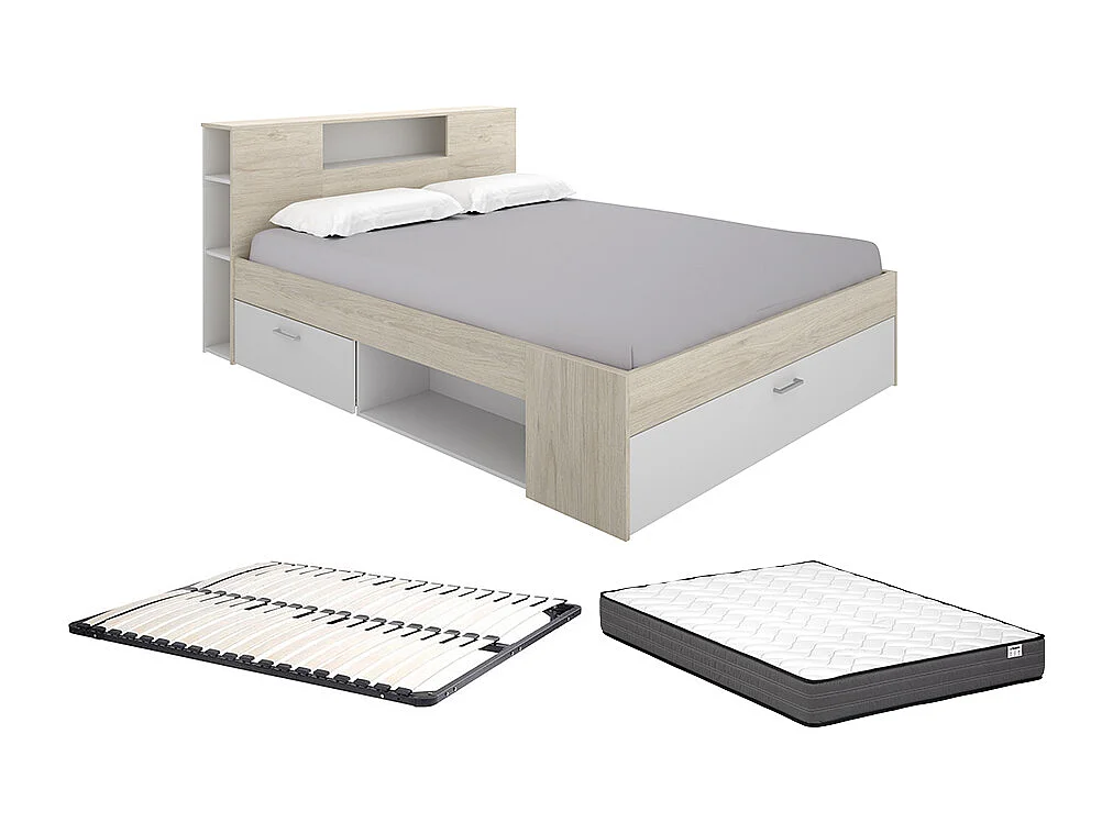 Lit avec tête de lit rangements et tiroir - 180 x 200 cm - Coloris : Naturel et blanc + Sommier + Matelas - LEANDRE