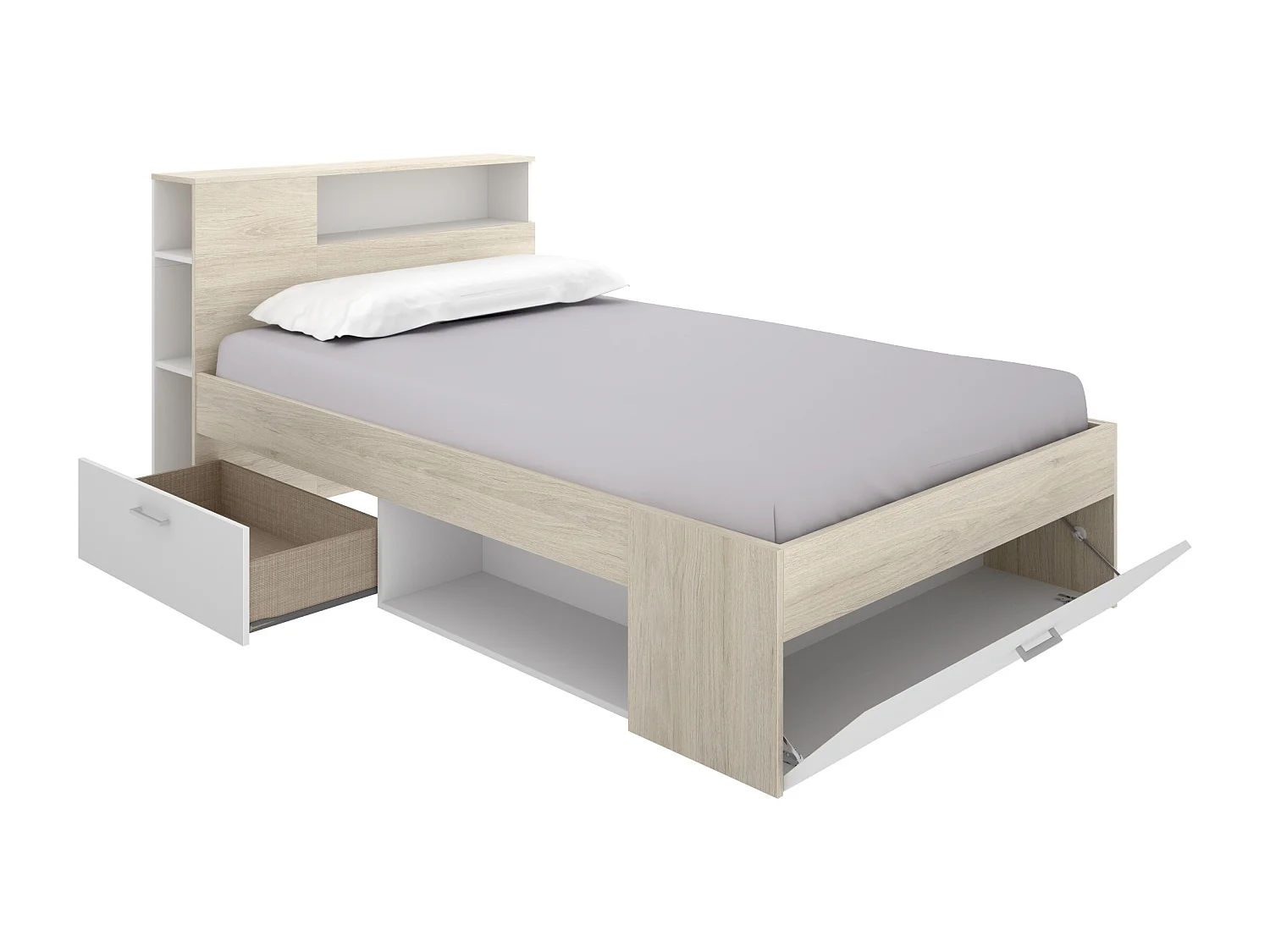 Bed met hoofdbord met opbergruimte en lade - 120 x 190 cm - Naturel en wit + bedbodem + matras - LEANDRE