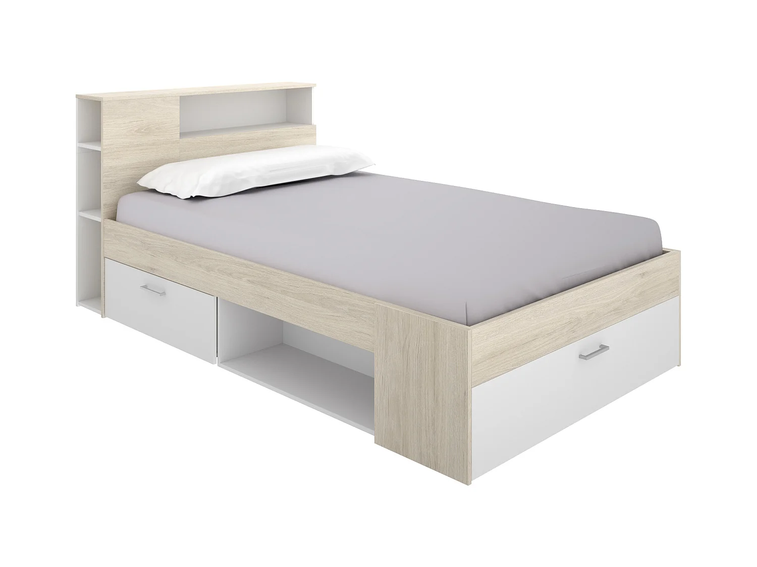Lit avec tête de lit rangements et tiroir - 120 x 190 cm - Naturel et blanc + Sommier + Matelas - LEANDRE