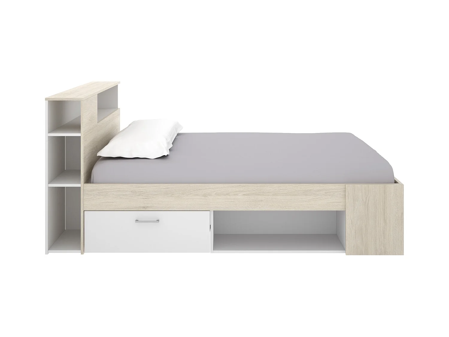 Lit avec tête de lit rangements et tiroir - 120 x 190 cm - Naturel et blanc + Sommier + Matelas - LEANDRE