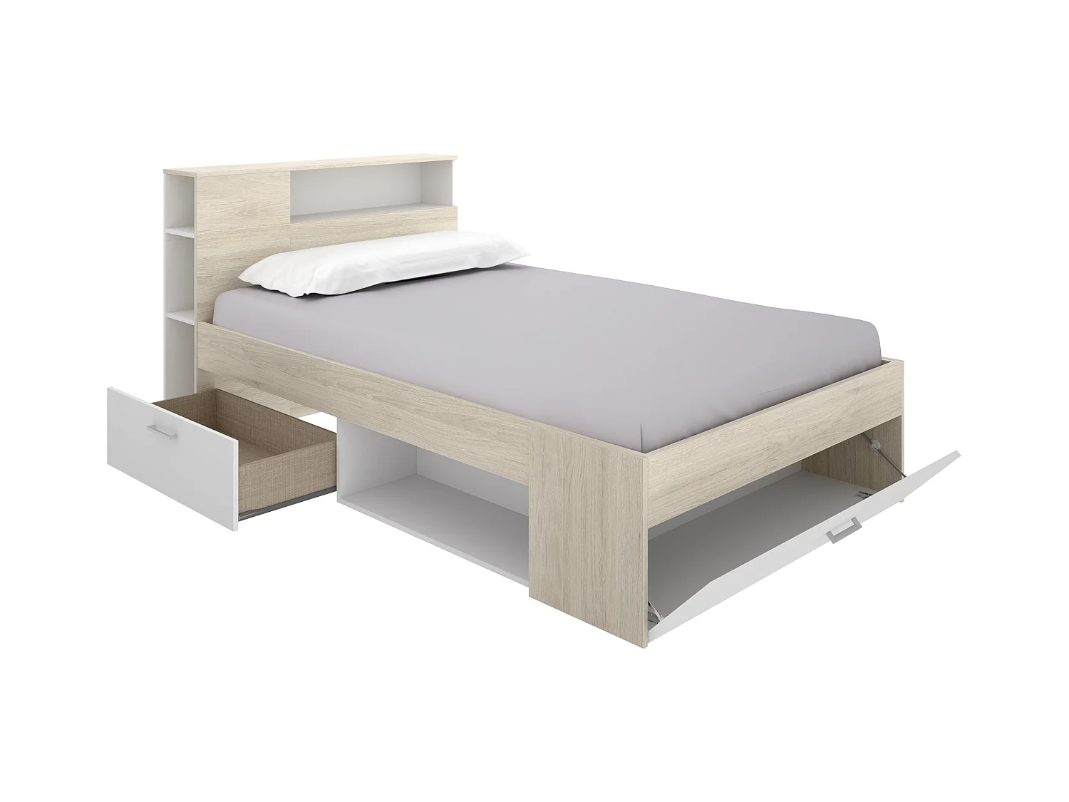 Lit avec tête de lit rangements et tiroir - 120 x 190 cm - Naturel et blanc + Sommier + Matelas - LEANDRE