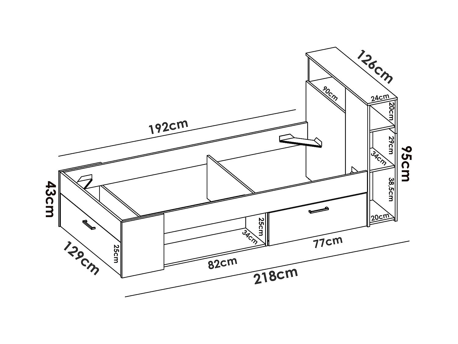 Lit avec tête de lit rangements et tiroir - 120 x 190 cm - Naturel et blanc + Sommier + Matelas - LEANDRE
