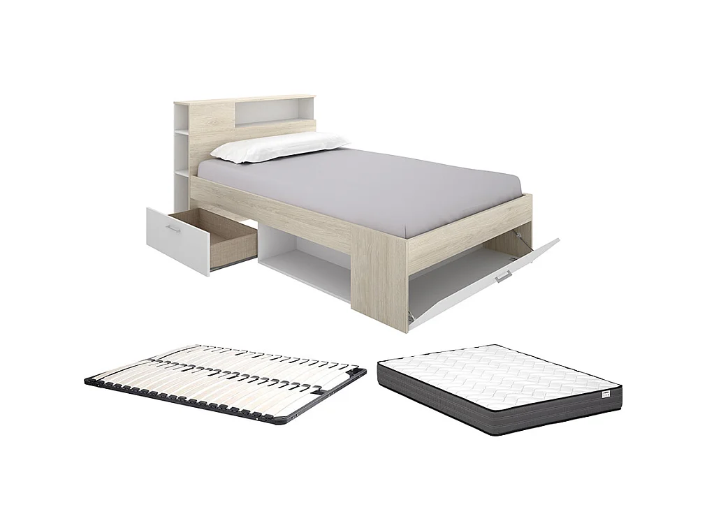 Lit avec tête de lit rangements et tiroir - 120 x 190 cm - Naturel et blanc + Sommier + Matelas - LEANDRE