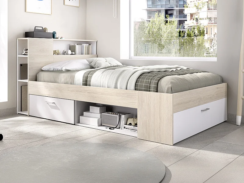 Lit avec tête de lit rangements et tiroir - 120 x 190 cm - Naturel et blanc + Sommier + Matelas - LEANDRE