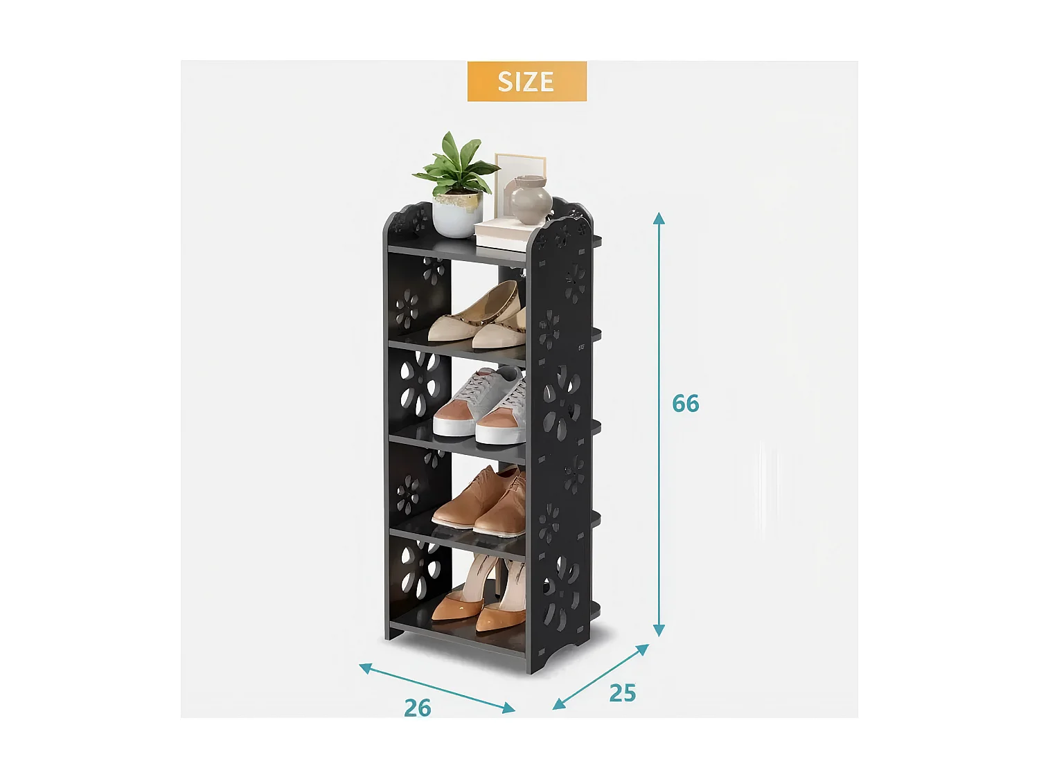 Gabinete de zapatos 5 Niveles de madera de plástico, estante de almacenamiento de zapatos, patrón de corte, decoración 26x25x66cm, negro