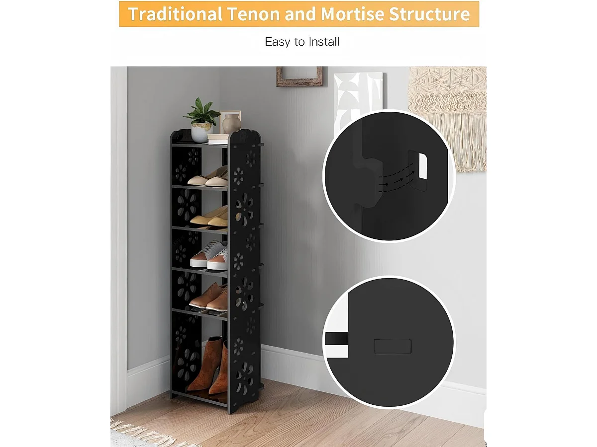 Gabinete de zapatos 5 Niveles de madera de plástico, estante de almacenamiento de zapatos, patrón de corte, decoración 26x25x66cm, negro