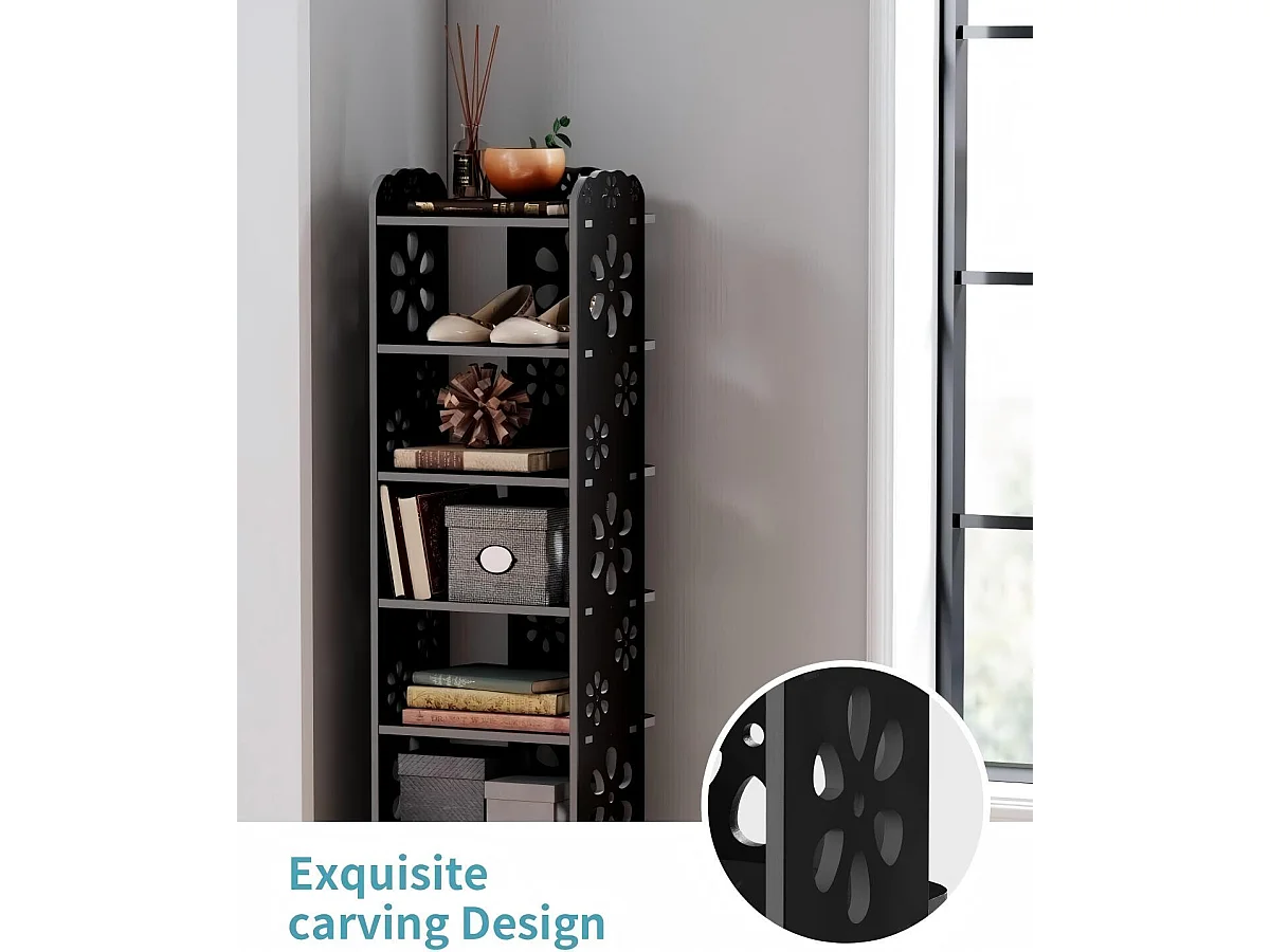 Gabinete de zapatos 5 Niveles de madera de plástico, estante de almacenamiento de zapatos, patrón de corte, decoración 26x25x66cm, negro