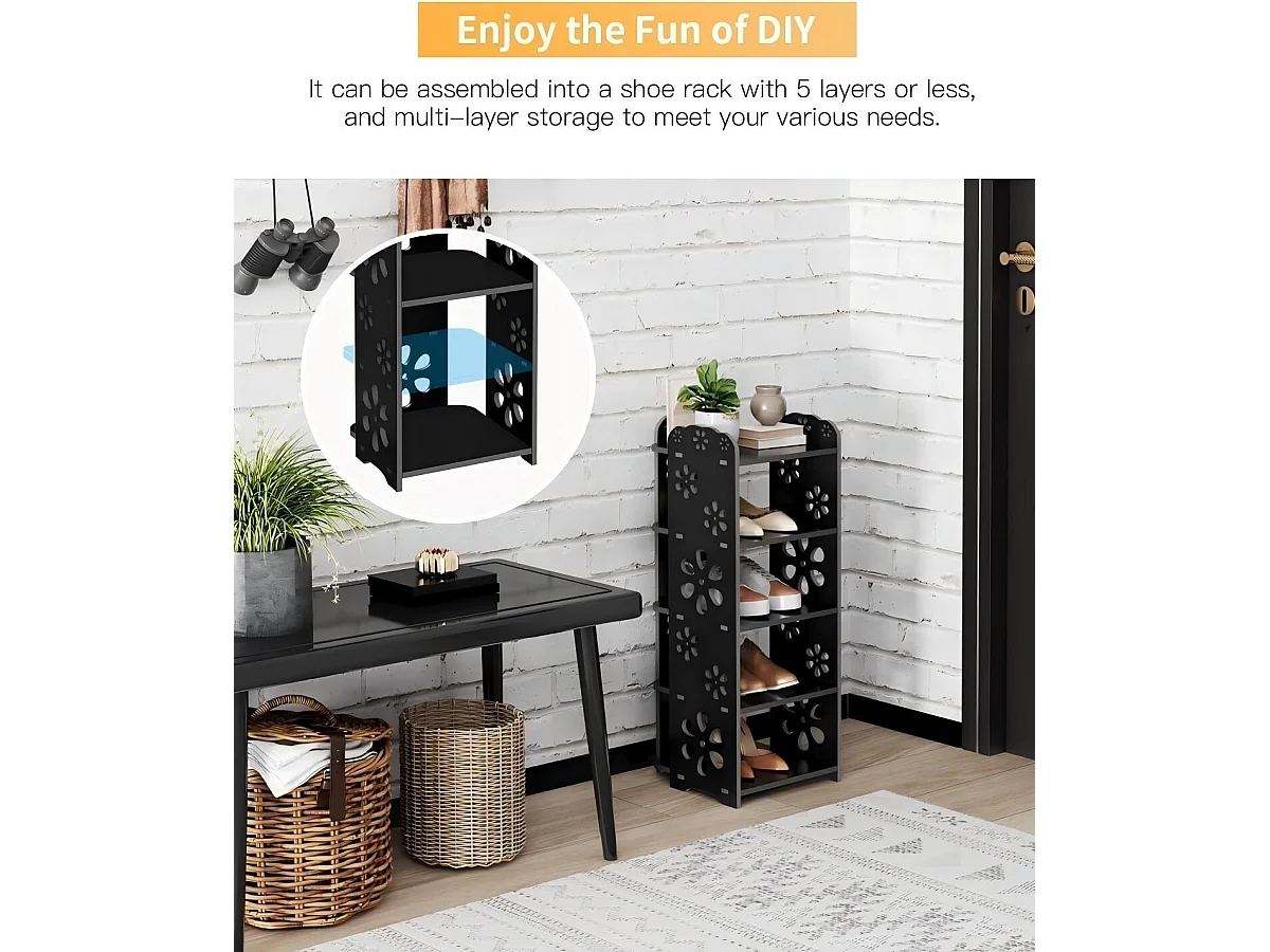 Gabinete de zapatos 5 Niveles de madera de plástico, estante de almacenamiento de zapatos, patrón de corte, decoración 26x25x66cm, negro
