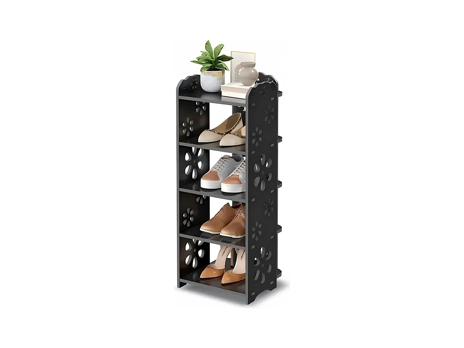 Meuble à Chaussures 5 Niveaux en Bois Plastique,Étagère de Rangement à Chaussures,Motif découpé,Déco 26x25x66CM,Noir