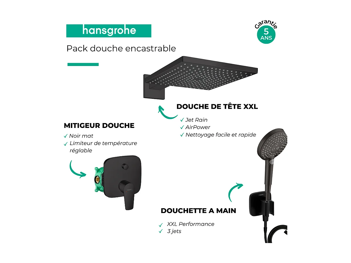 Ensemble robinet douche encastré HANSGROHE noir mat + accessoires