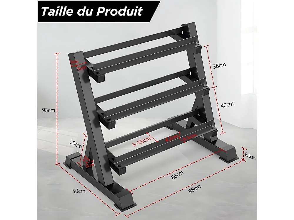 Support pour Haltères Ajustables de 3 Niveaux, rack haltères multifonction, support de stockage de poids pour haltères - 96x50x93CM