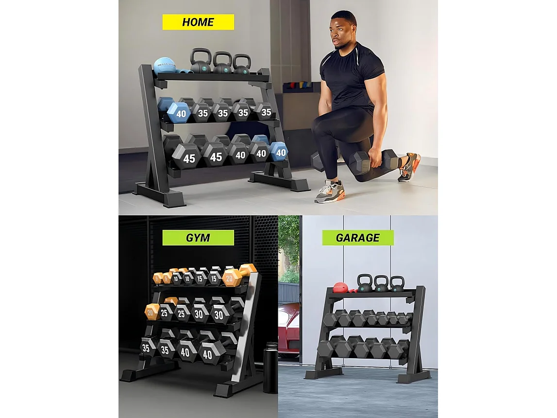 Support pour Haltères Ajustables de 3 Niveaux, rack haltères multifonction, support de stockage de poids pour haltères - 96x50x93CM