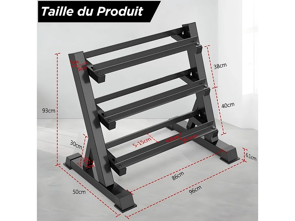 Supporto per manubri regolabili di 3 livelli, rack di manubri multifunzione, supporto di conservazione del peso per manubri - 96x50x93cm