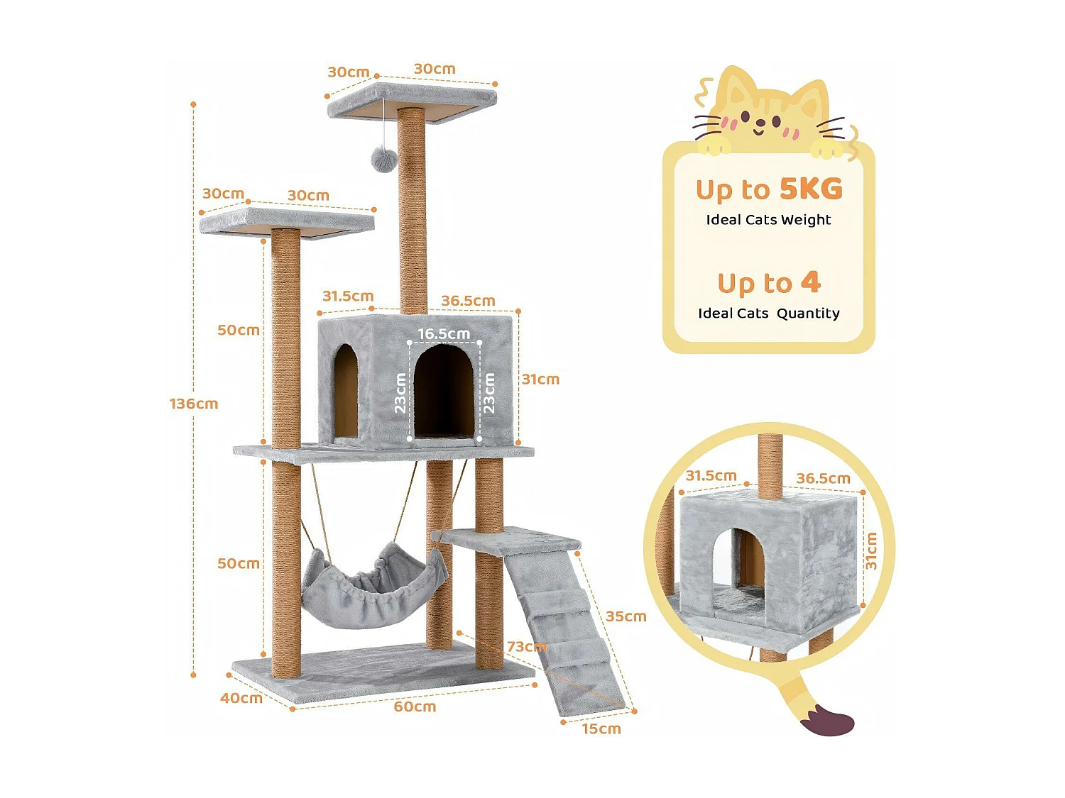 Arbre à chats avec 2 plateformes et jouets, Tour de Jeux pour Chats, avec hamac et niche pour chat, Hauteur 140 cm