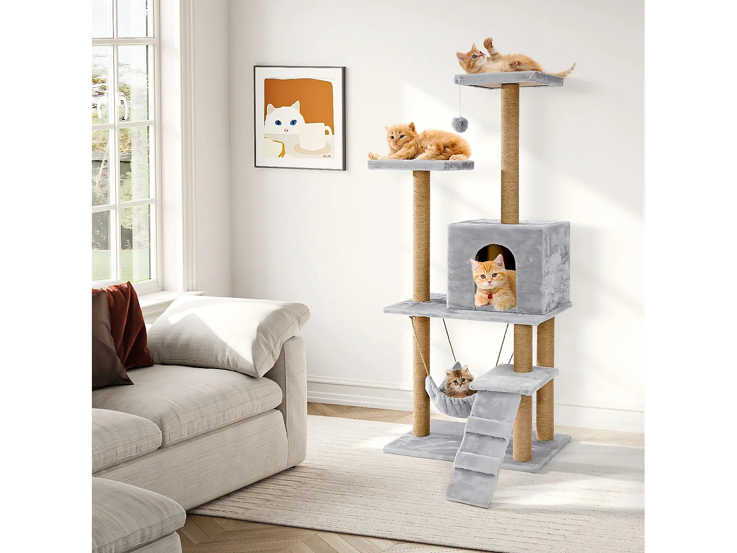 Arbre à chats avec 2 plateformes et jouets, Tour de Jeux pour Chats, avec hamac et niche pour chat, Hauteur 140 cm