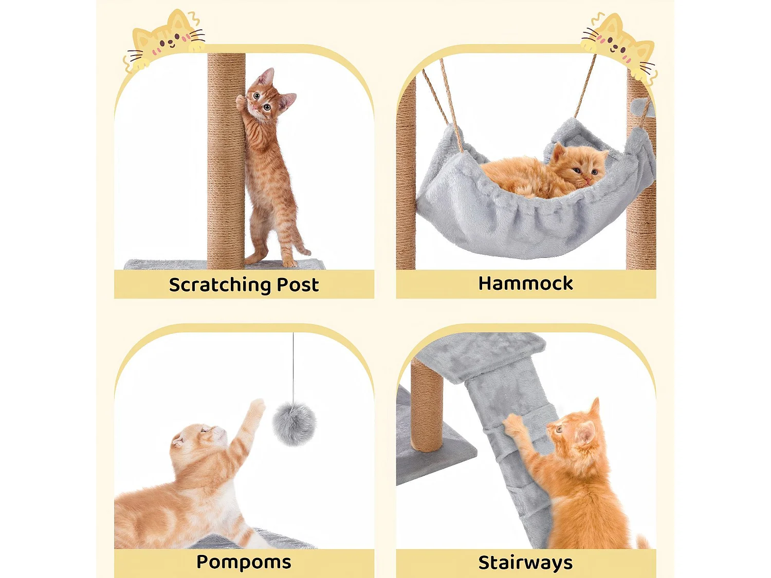 Arbre à chats avec 2 plateformes et jouets, Tour de Jeux pour Chats, avec hamac et niche pour chat, Hauteur 140 cm