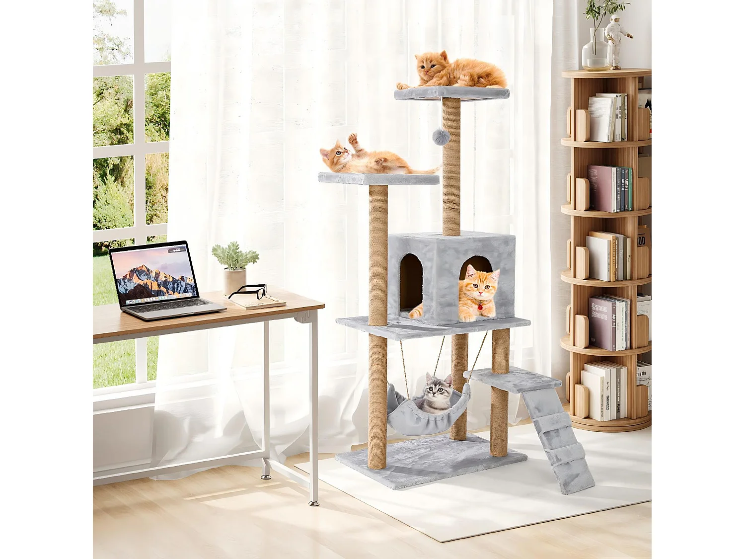 Arbre à chats avec 2 plateformes et jouets, Tour de Jeux pour Chats, avec hamac et niche pour chat, Hauteur 140 cm