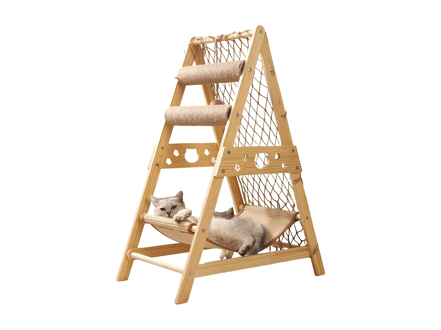 Tour à chat en bois avec filet d'escalade, arbre à chat triangulaire, tour de Jeux pour chats avec hamac, 65x40x85 cm