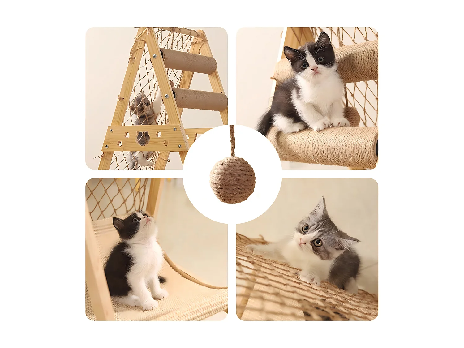 Tour à chat en bois avec filet d'escalade, arbre à chat triangulaire, tour de Jeux pour chats avec hamac, 65x40x85 cm
