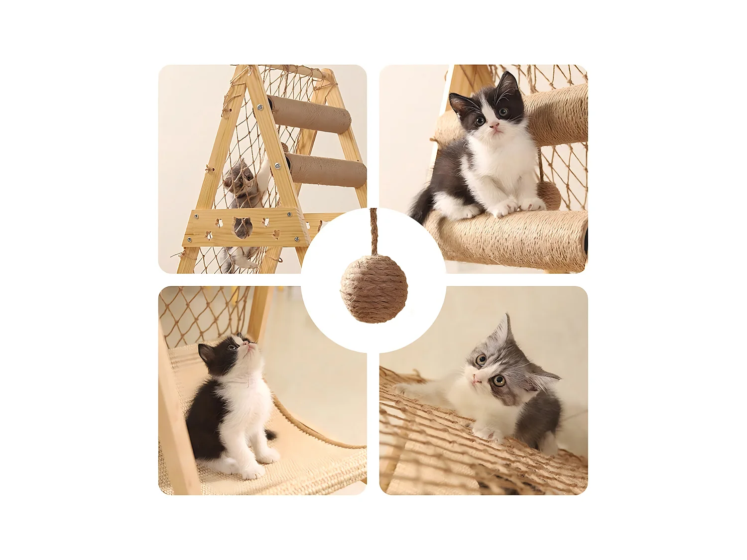 Holzkatze mit Kletternetz, dreieckiger Katzenbaum, Katzen Tour für Katzen mit Hängematte, 65x40x85 cm