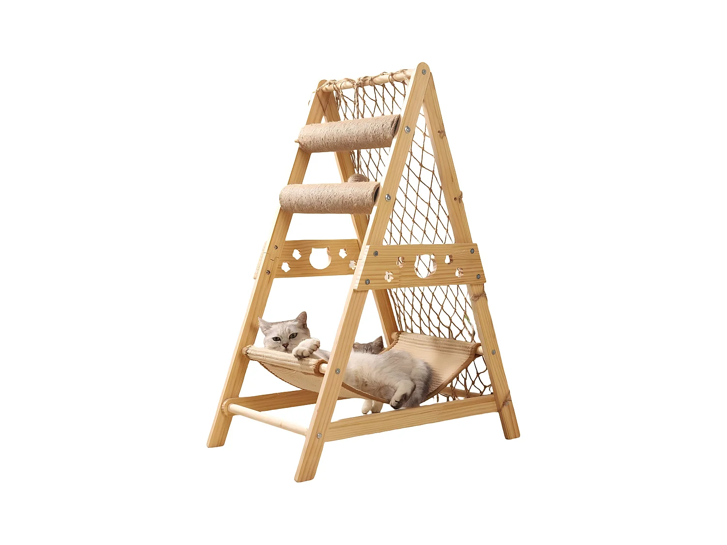 Holzkatze mit Kletternetz, dreieckiger Katzenbaum, Katzen Tour für Katzen mit Hängematte, 65x40x85 cm