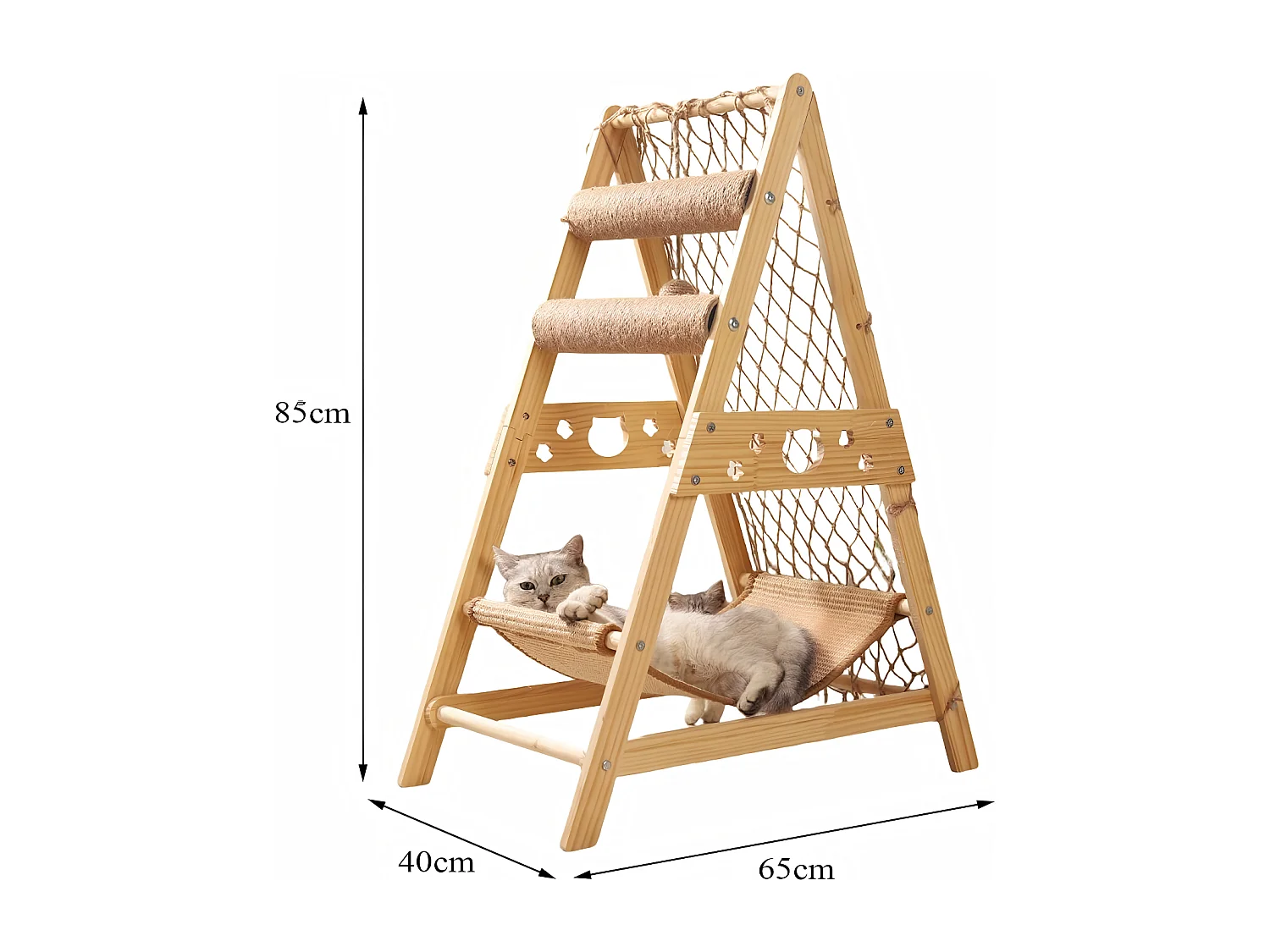 Tour à chat en bois avec filet d'escalade, arbre à chat triangulaire, tour de Jeux pour chats avec hamac, 65x40x85 cm