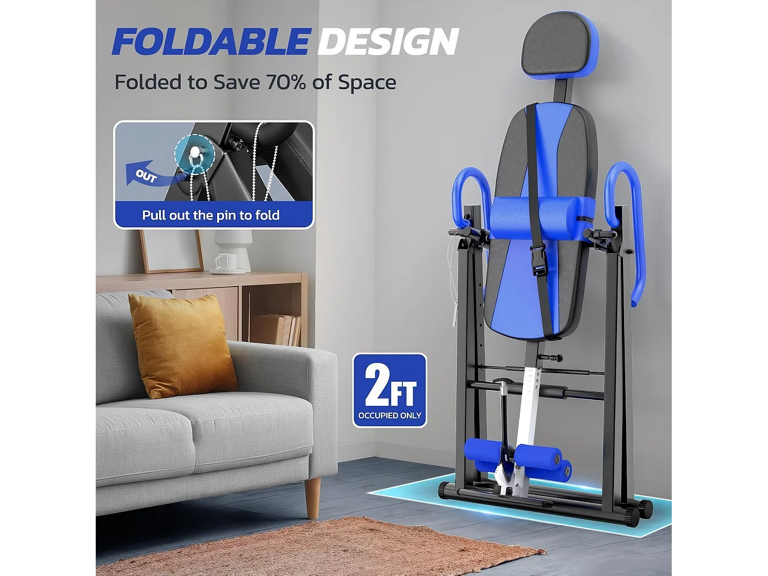 Table d'inversion de musculation pliable, entraîneur de gravité, charge max. 136 Kg, pour taille de l'utilisateur 150 à 195CM