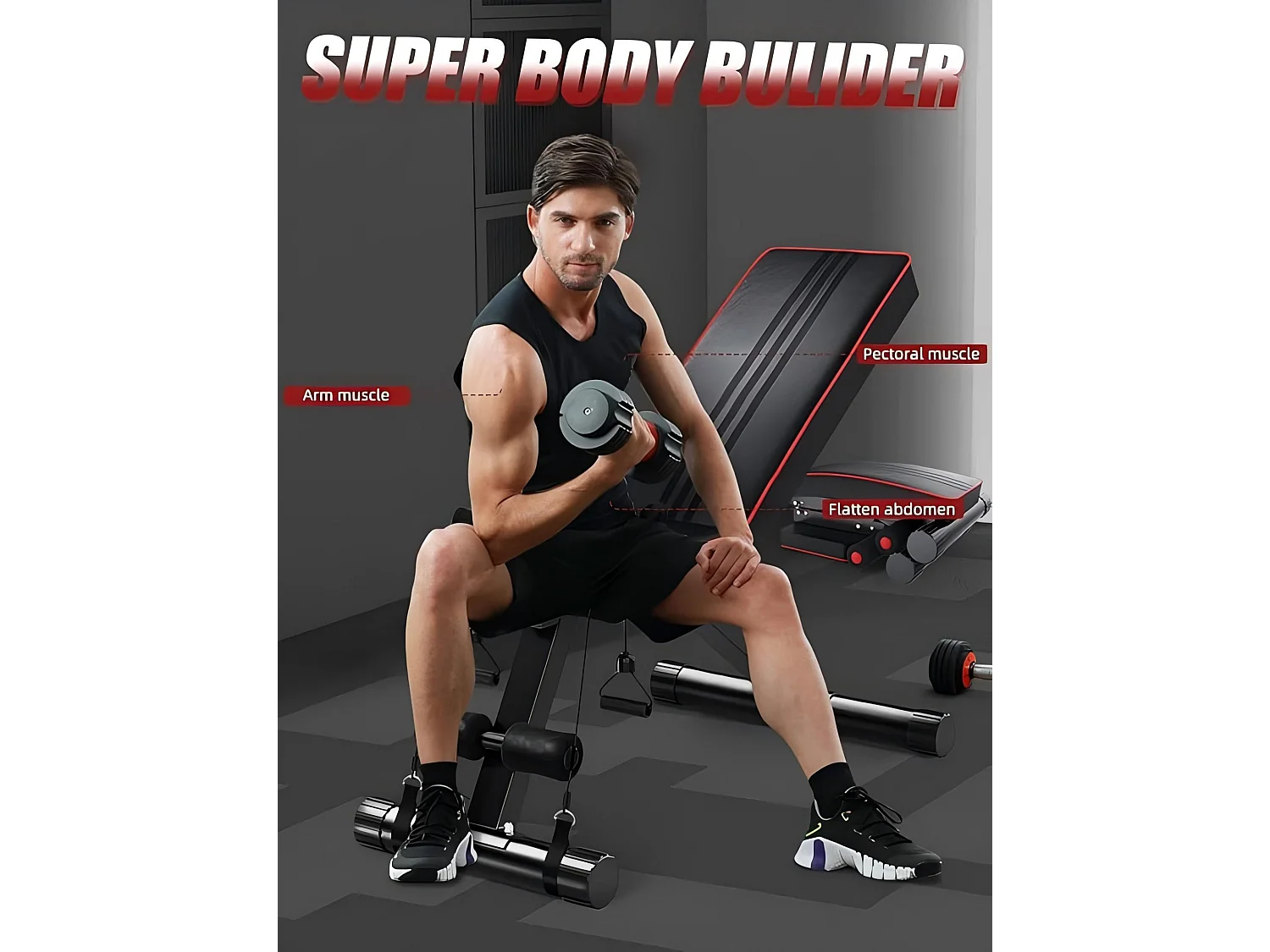 Banc de Musculation Dossier Réglable 7 Positions, 4 coussins presse-jambes, Banc Entraînement Complet du Corps en Métal, Charge 150KG