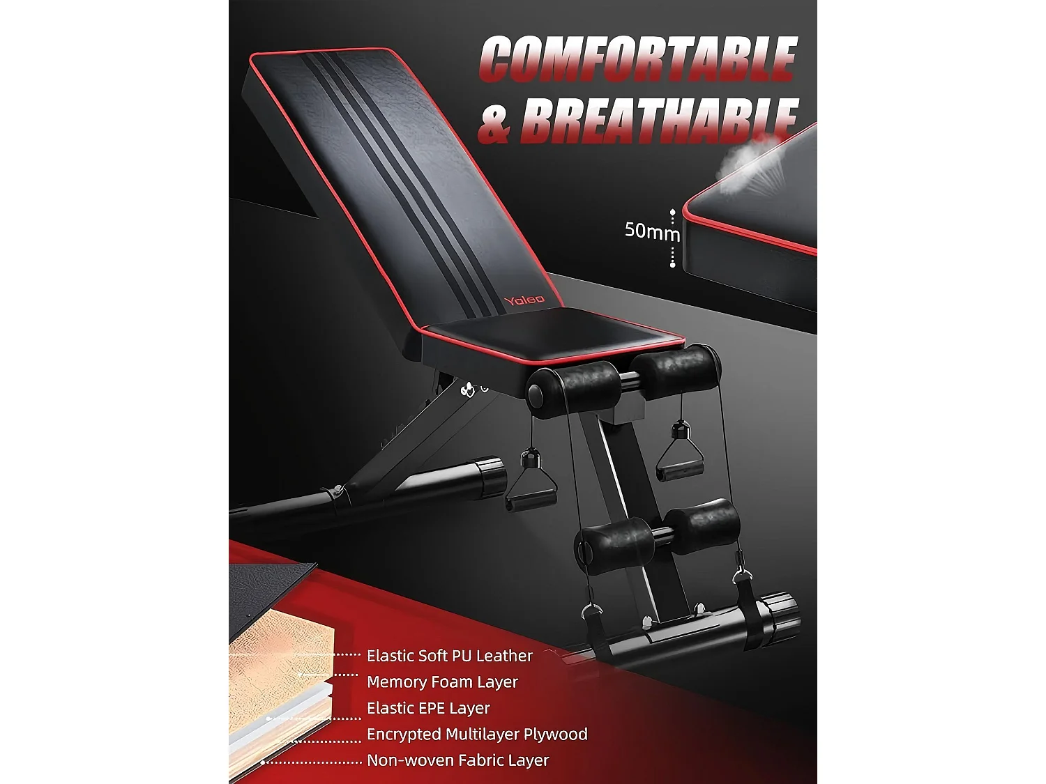 Banc de Musculation Dossier Réglable 7 Positions, 4 coussins presse-jambes, Banc Entraînement Complet du Corps en Métal, Charge 150KG